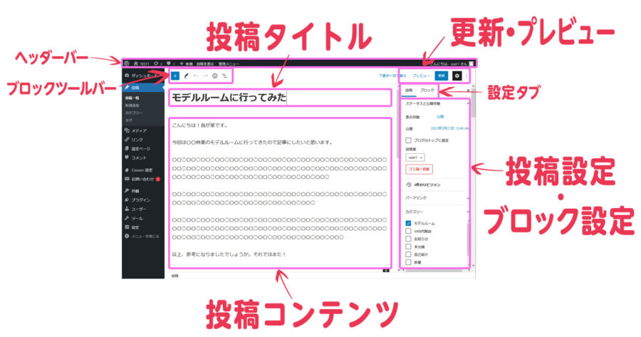 WordPressの投稿編集ページの画面構成各部名称